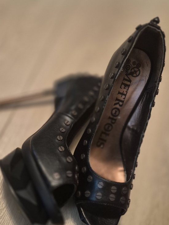 Hades Footwear Shoes - Black Studded Peep-Toe Chunky Heels